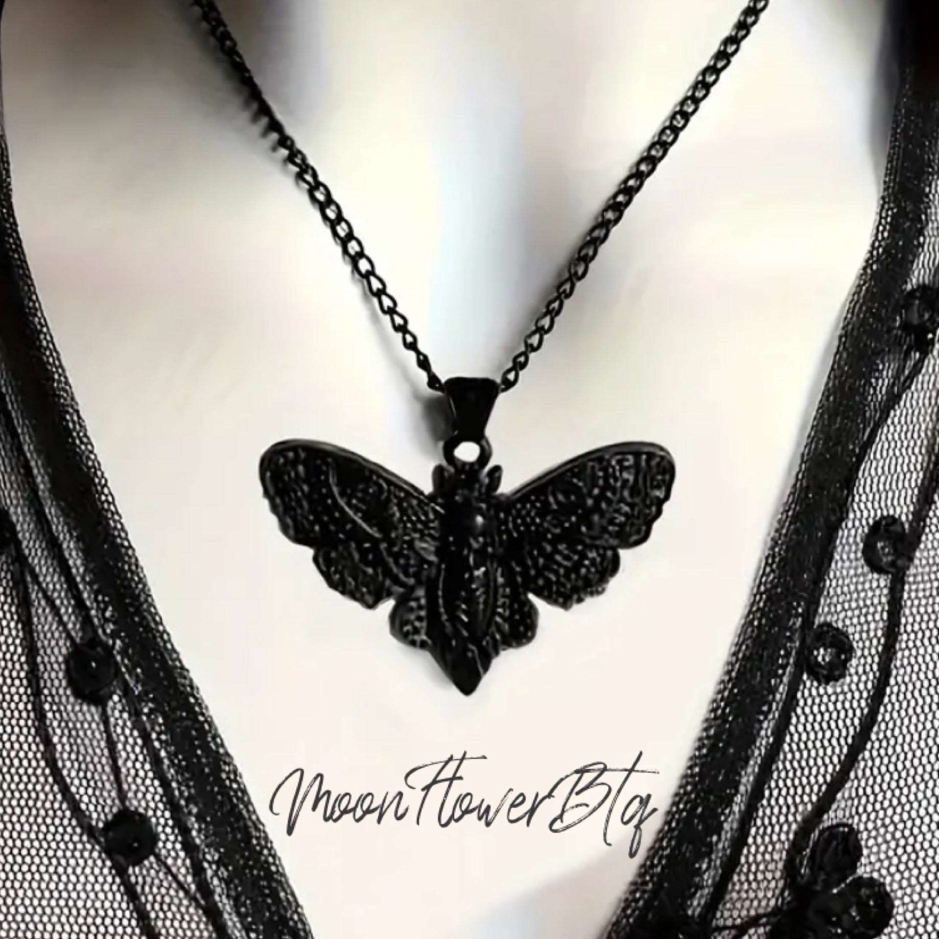 Black Gothic Skull Moth Pendant Necklace