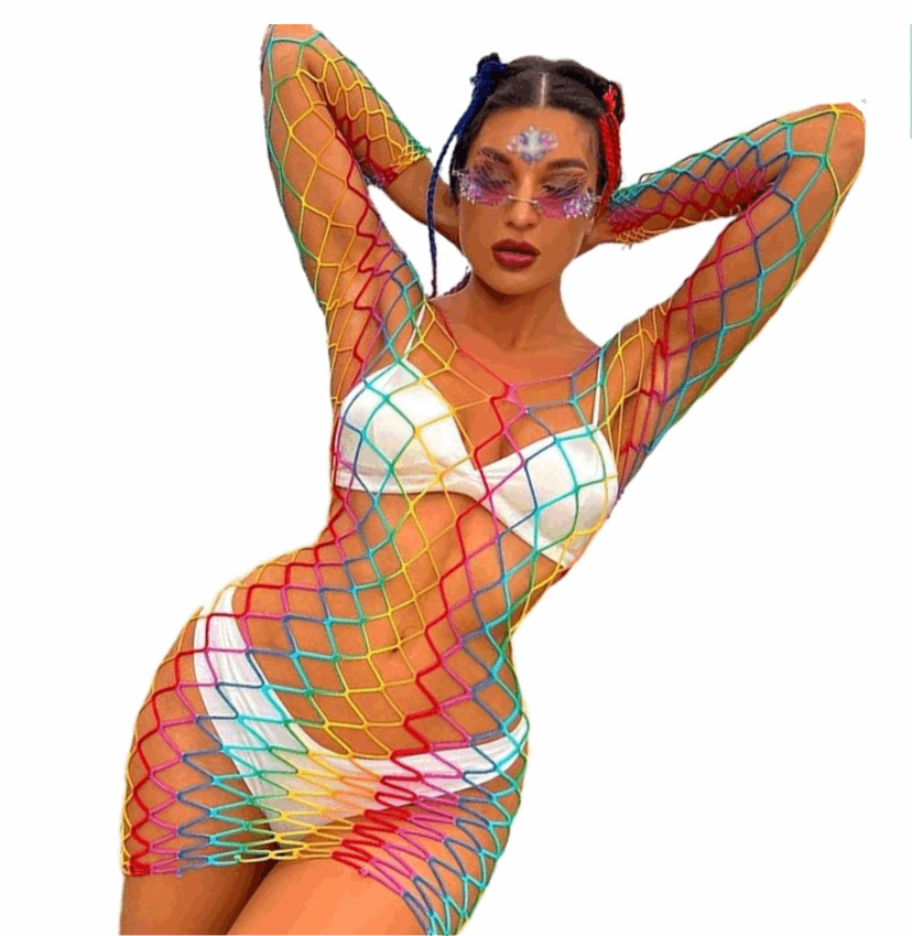 Rainbow Mesh Fishnet Dress Rave Festival Outfit Swim Cover