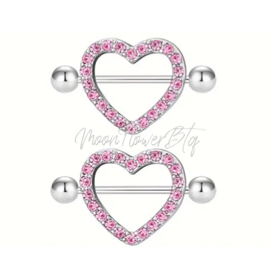 Pink Sparkly Rhinestone Heart Nipple Rings