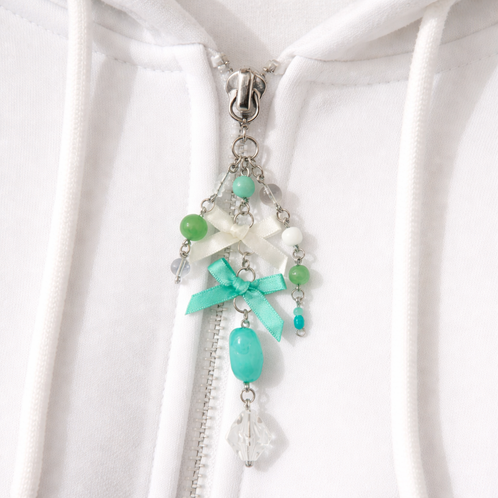 Mint Green Beaded Bow Charm - Bag Charm Keychain Zipper Pull