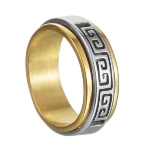 Gold & Silver Cutout Greek Key Stainless Steel Anxiety Fidget Spinner Ring