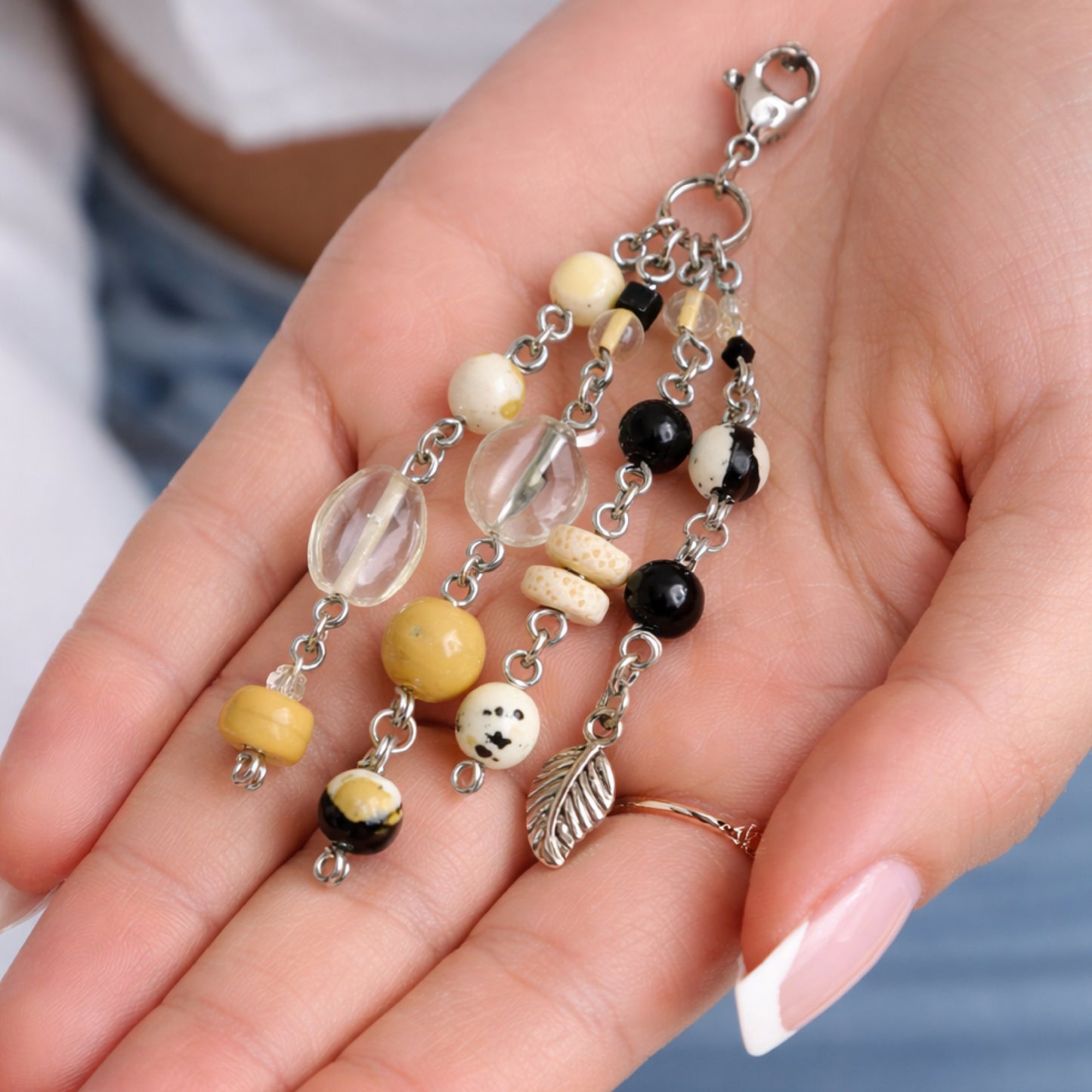 Handmade Tan & Black Beaded Charm | Keychain Bag Charm Zipper Pull