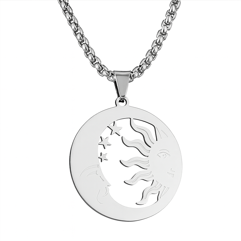 Stainless Steel Sun & Moon Pendant Necklace – 24” Chain