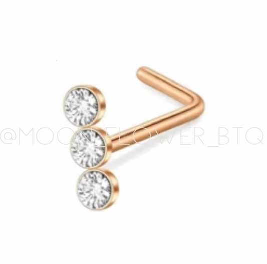 Triple CZ Rose Gold L Shaped Nose Ring