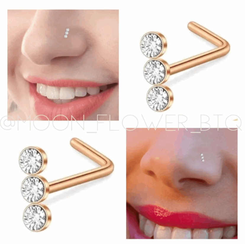 Triple CZ Rose Gold L Shaped Nose Ring