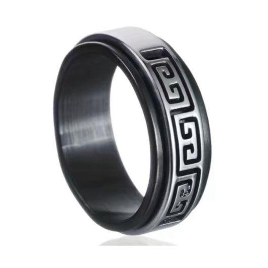 Black & Silver Cutout Greek Key Stainless Steel Anxiety Fidget Spinner Ring