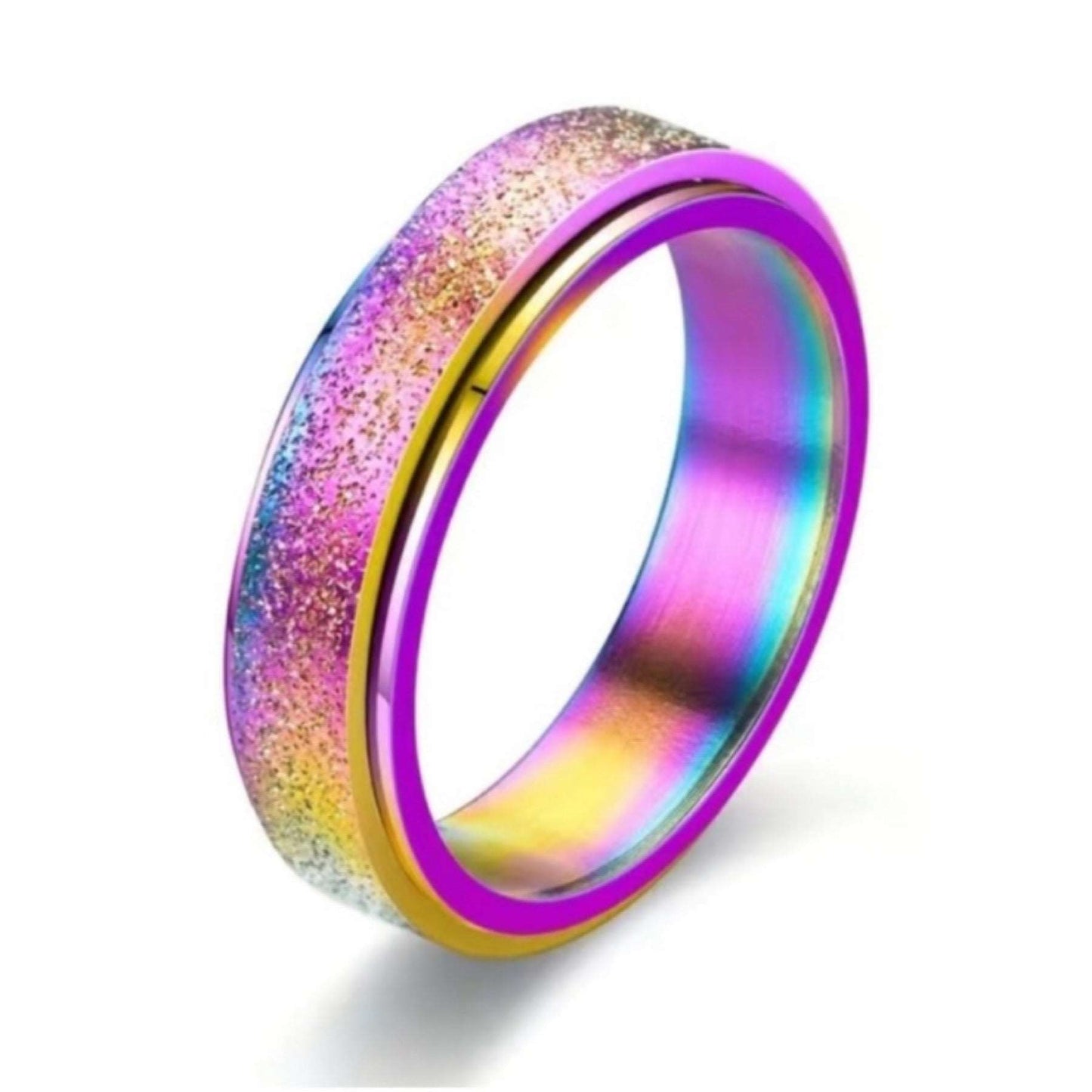 Sparkly Rainbow Silver Anxiety Fidget Spinner Ring