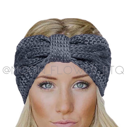 Vegan Chunky Knit Bow Headband Ear Warmer Dark Gray