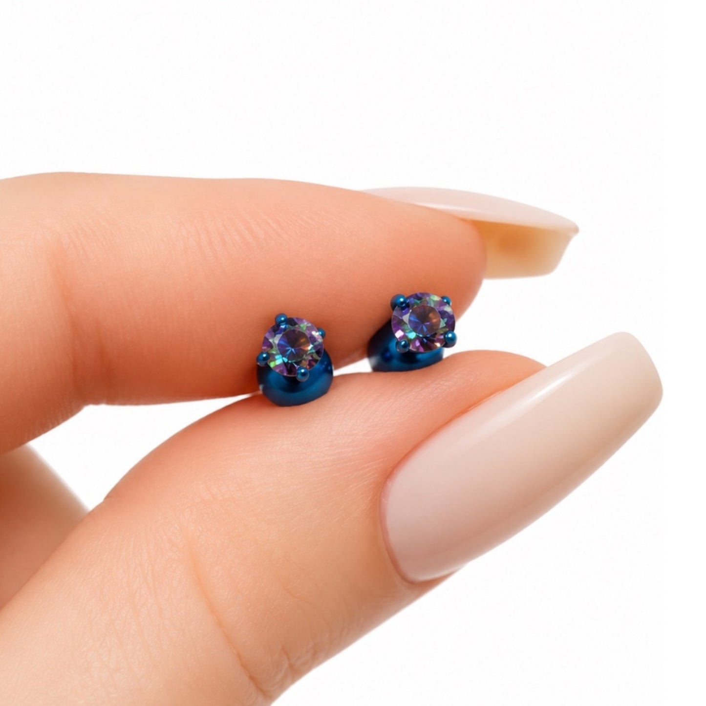 Blue Iridescent CZ Barbell Earrings – 20G Surgical Steel Studs | 3mm