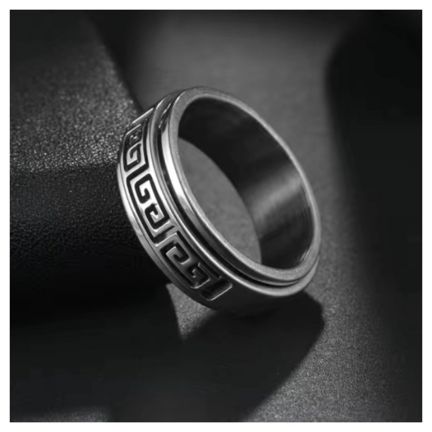 Silver Cutout Greek Key Stainless Steel Anxiety Fidget Spinner Ring