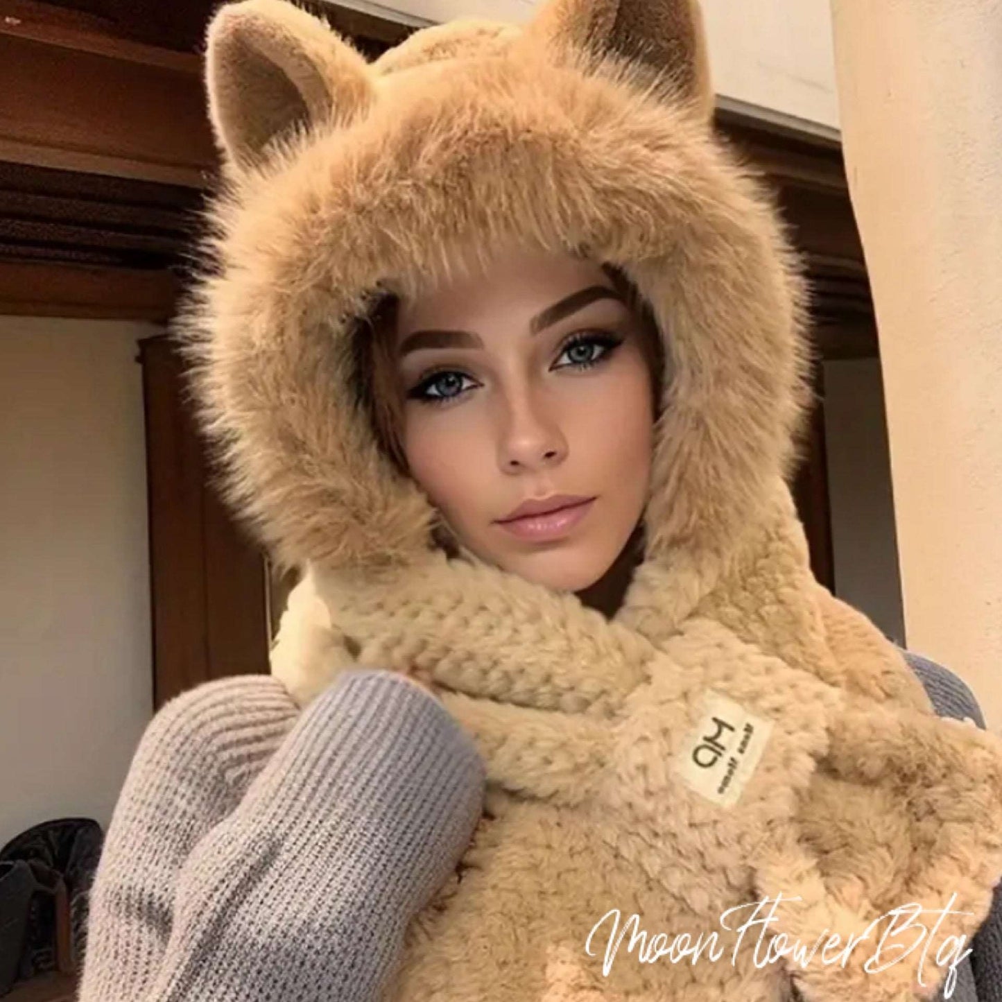 Tan Faux Fur Kitty Cat Hat Scarf