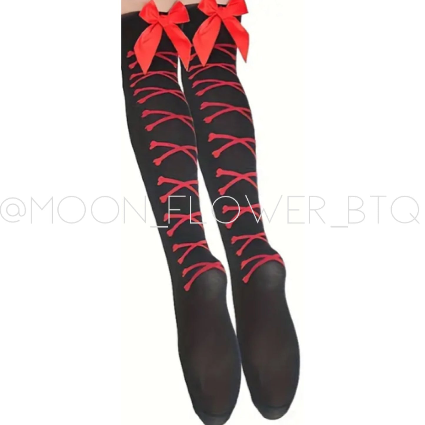 Black Red Lace Up Printed Thigh High Over the Knee Stockings