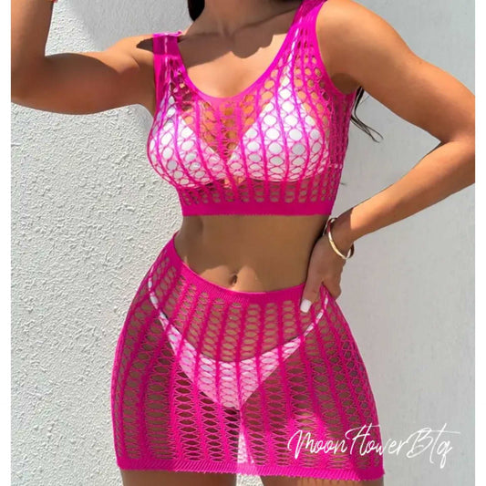 Hot Pink Sexy Fishnet Two Piece Cutout Top and Bottom Set