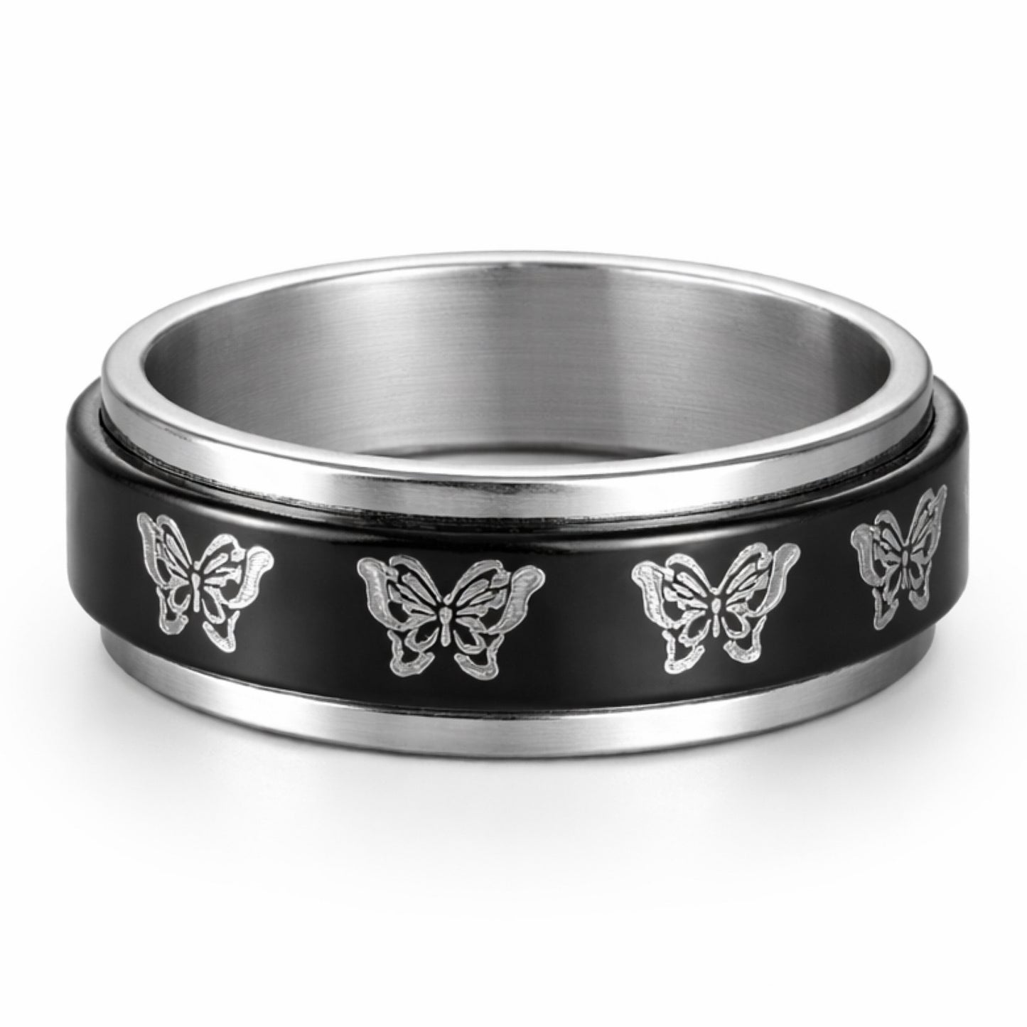 Black Butterfly Spinner Ring – Stainless Steel Rotating Band