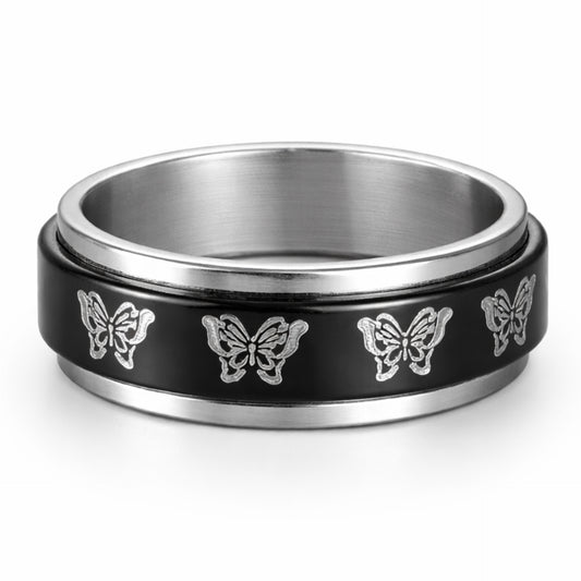Black Butterfly Spinner Ring – Stainless Steel Rotating Band