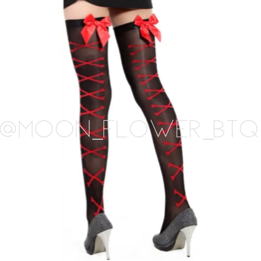 Black Red Lace Up Printed Thigh High Over the Knee Stockings