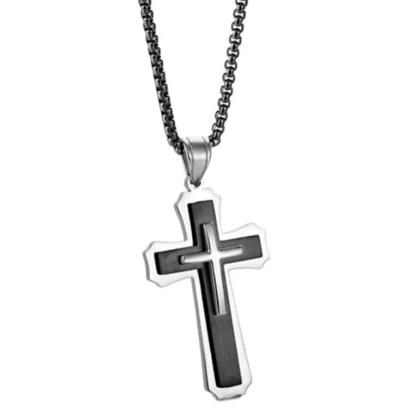 Black & Silver Multi-Layer Cross Necklace