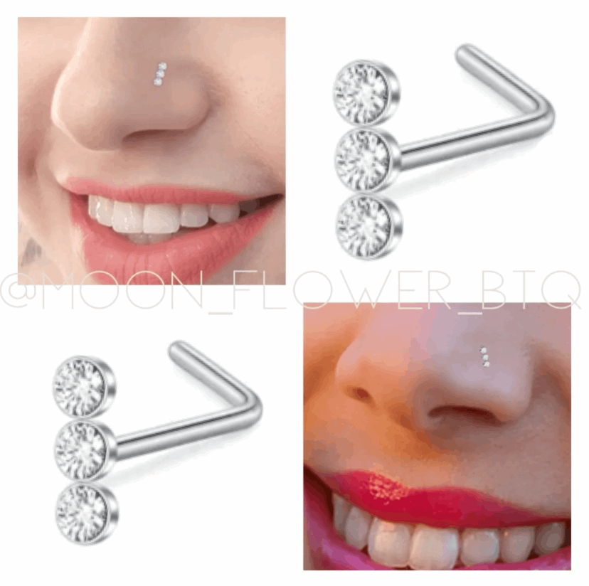 Triple CZ Silver L Shaped Nose Ring