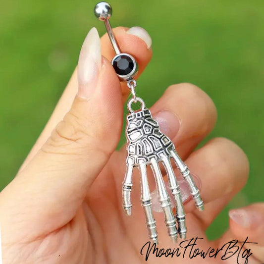 Silver Dangly Skeleton Hand Navel Belly Button Ring