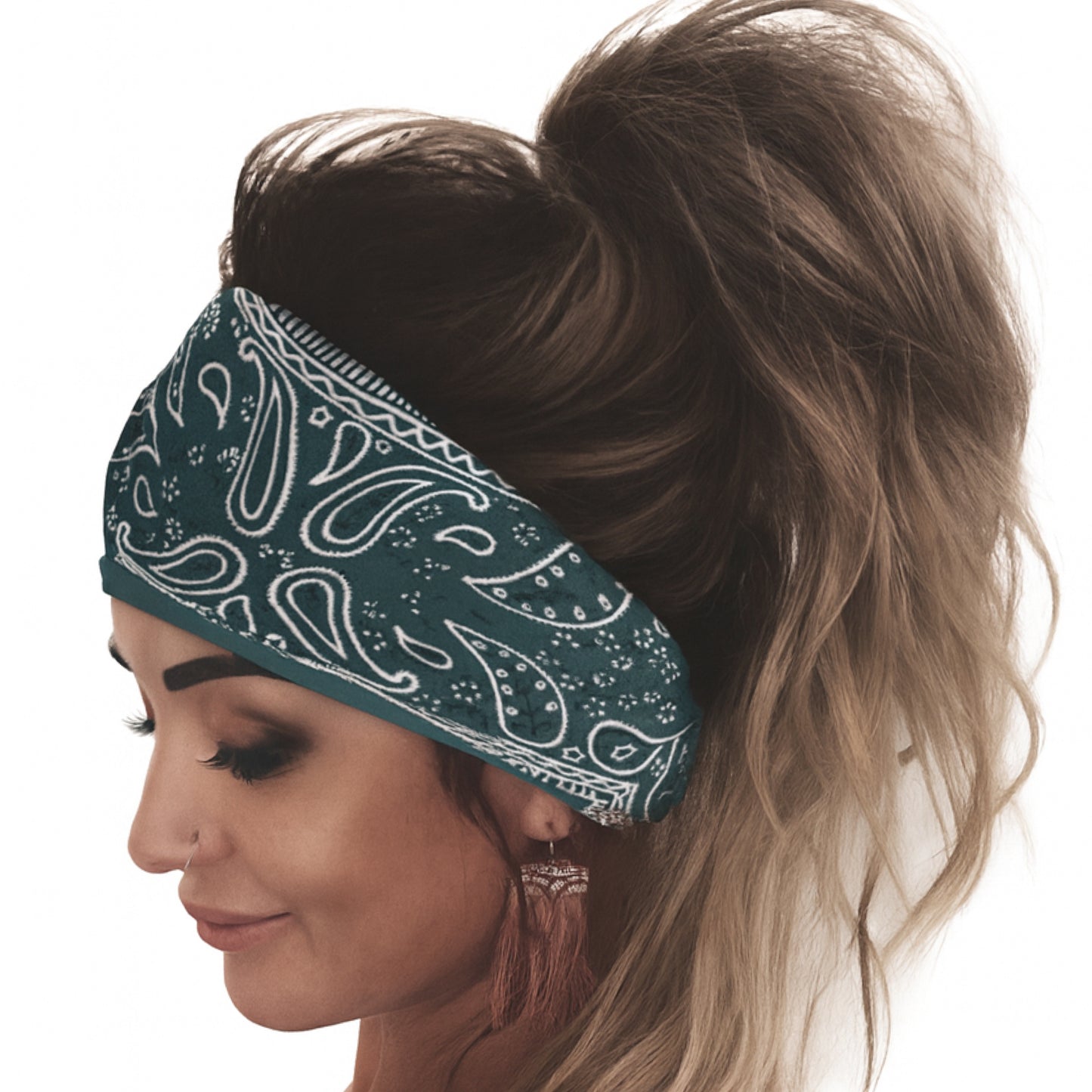 Dark Green Paisley Knot Headband – Wide Stretch Turban Style Hair Wrap
