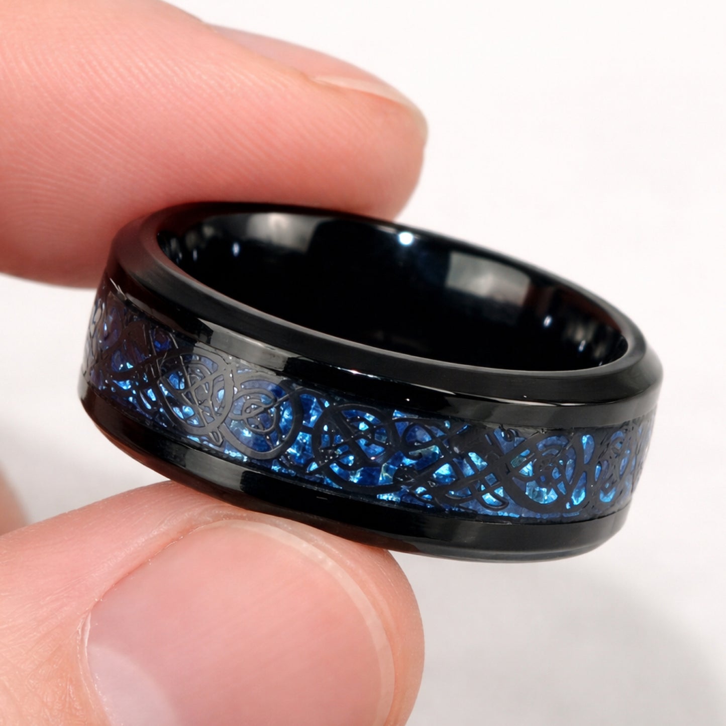 Black Stainless Steel Ring with Blue Inlay Celtic Knot Band