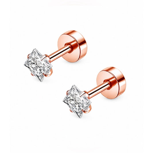 Rose Gold Square CZ Flat Back Stud Earrings