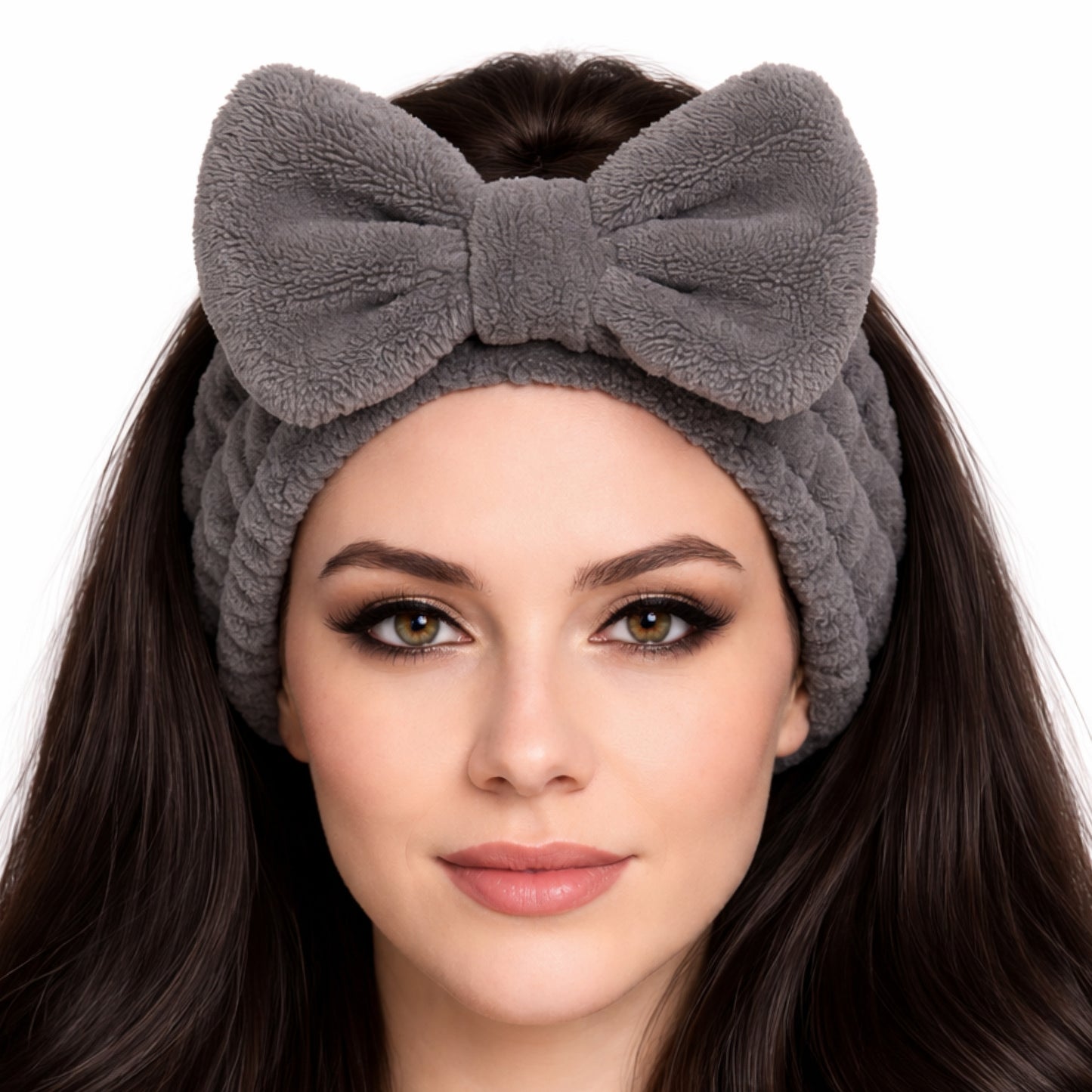 Gray Plush Bow Spa Headband – Soft Fleece Skincare & Makeup Hair Wrap