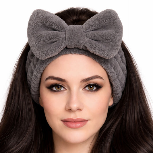 Gray Plush Bow Spa Headband – Soft Fleece Skincare & Makeup Hair Wrap