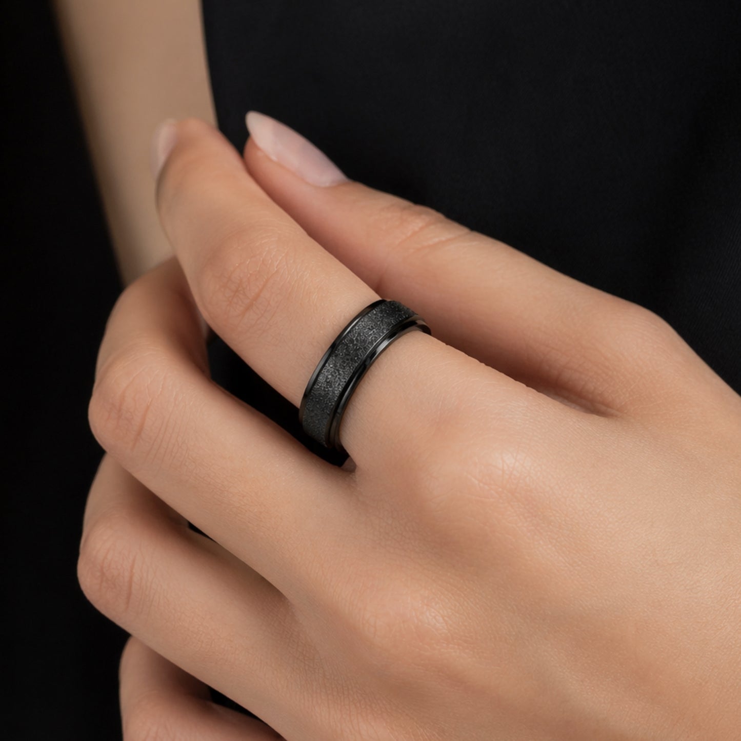 Black Textured Spinner Ring – Stainless Steel Rotating Band
