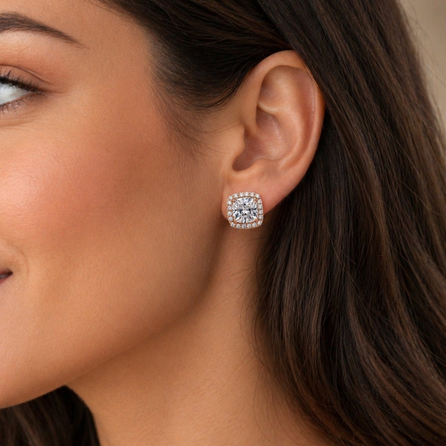 Rose Gold CZ Halo Square Stud Earrings