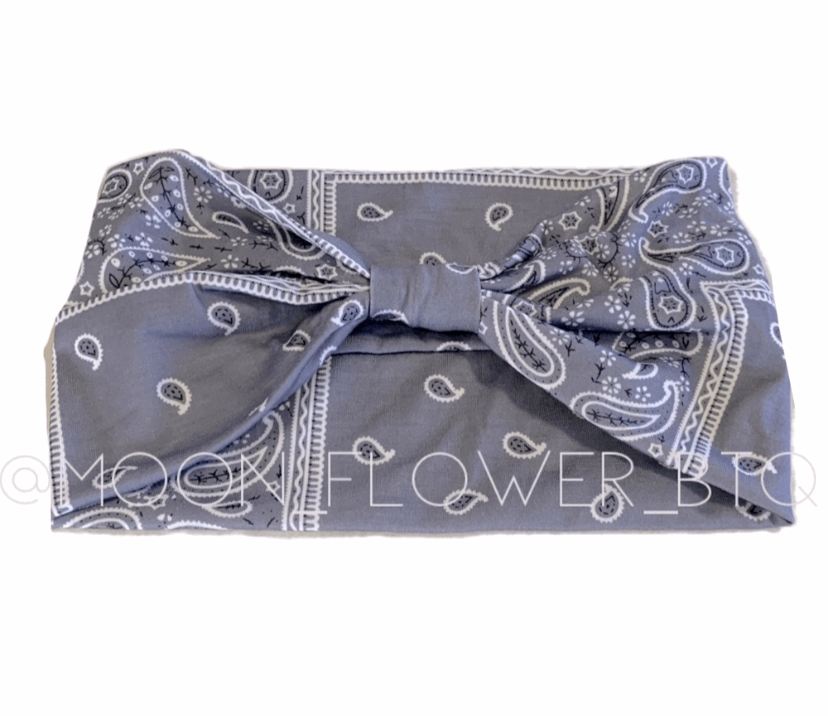 Boho Turban Headband Ear Warmer Gray Paisley Print