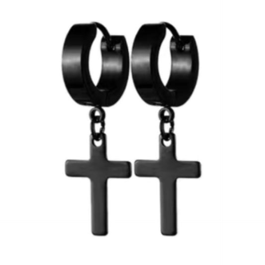 Black Cross Dangle Huggie Hoop Earrings – 20G 8mm