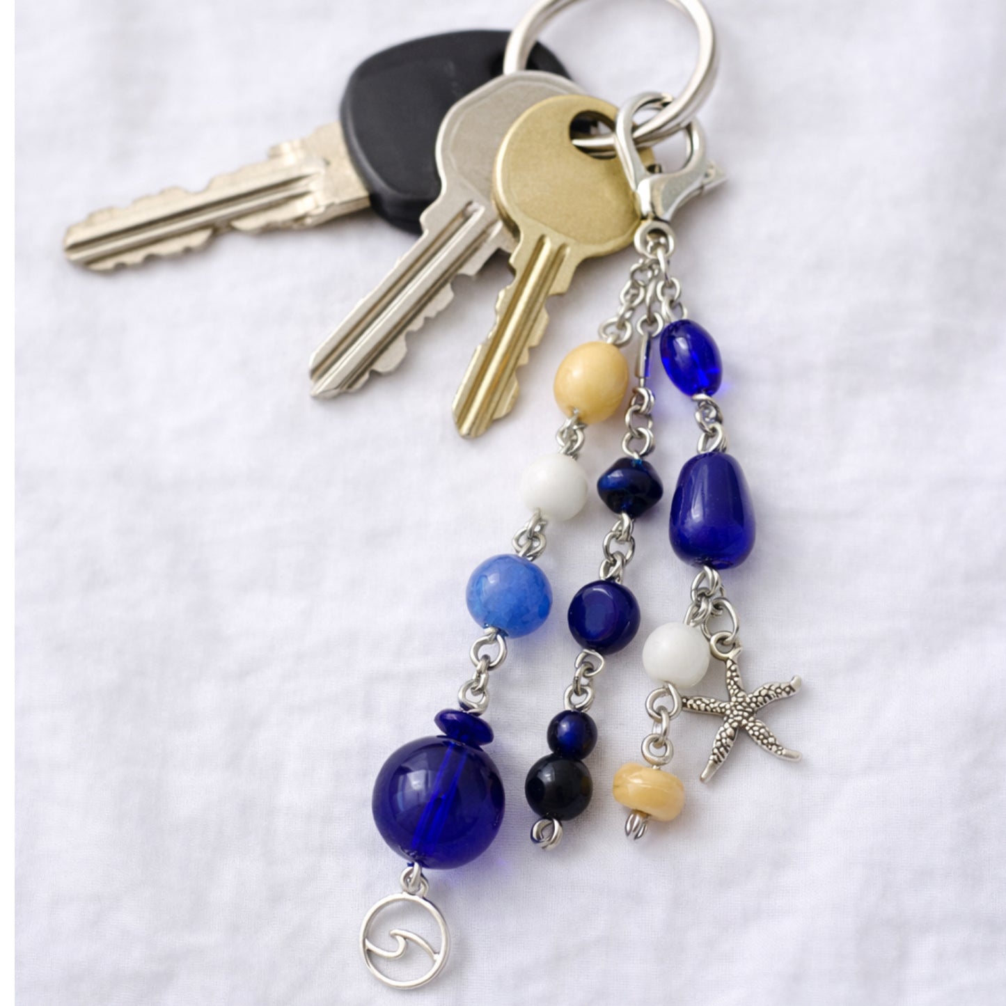 Blue Beaded Starfish & Wave Coastal Charm | Keychain Bag Charm Zipper Pull
