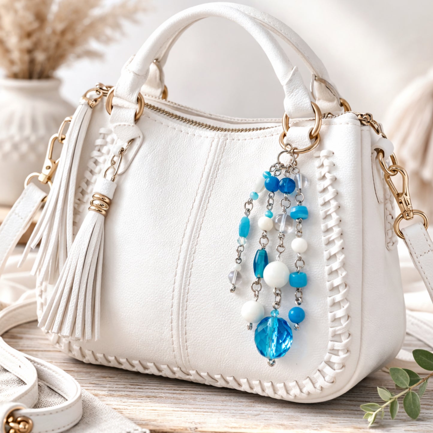 Blue Beaded Charm – Coastal Boho Bag Charm Keychain & Zipper Pull