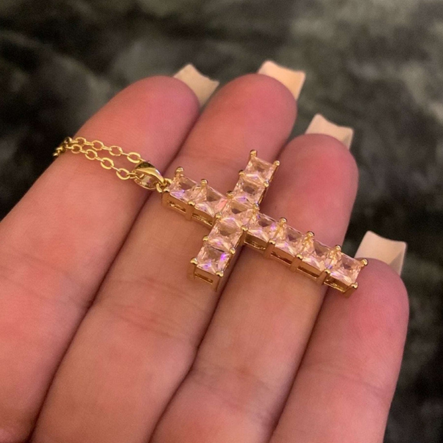 Gold Pink CZ Covered Cross Necklace