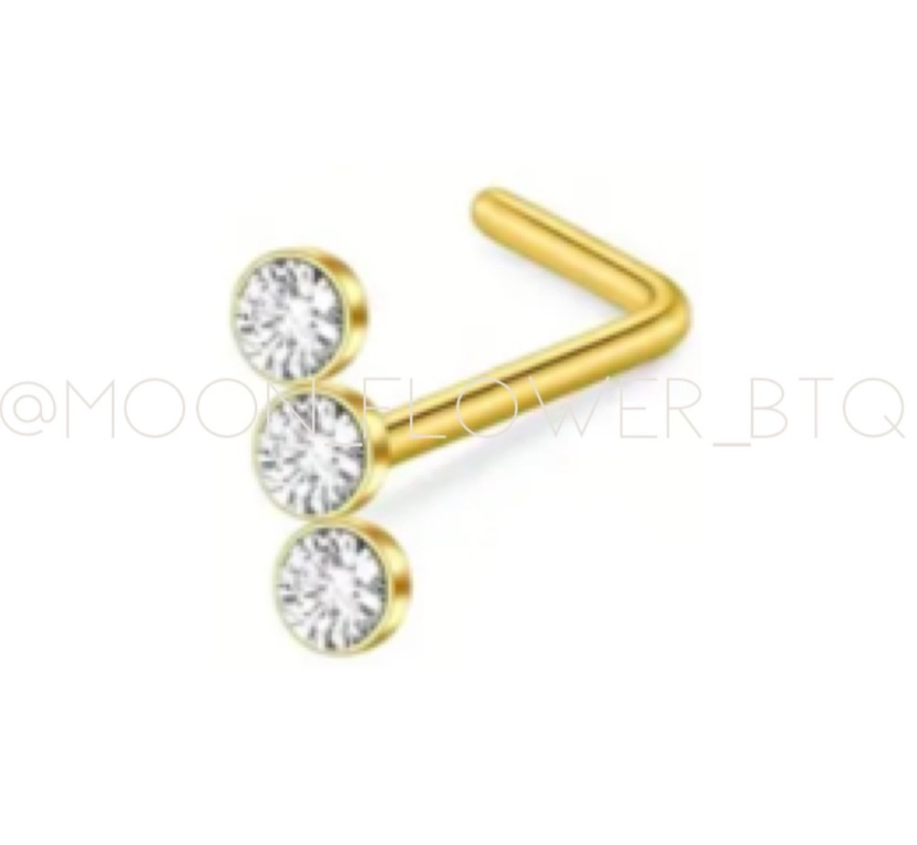 Triple CZ Gold L Shaped Nose Ring