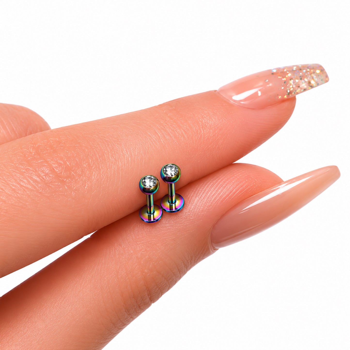 Rainbow CZ Flat Back Stud Earrings 16G 3mm