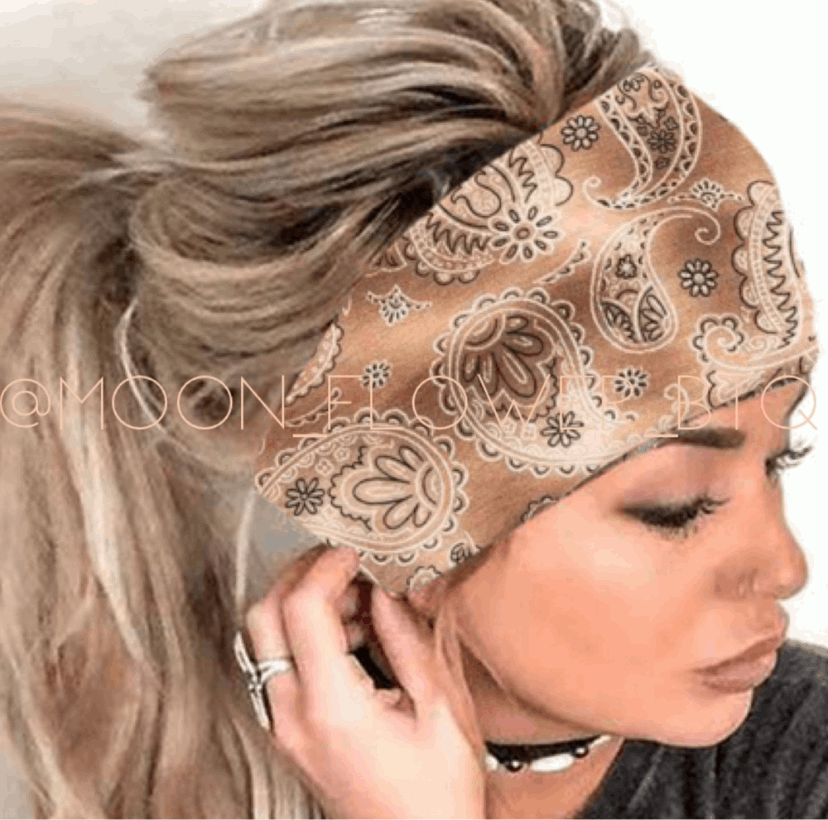 Tan Paisley Bandana Print Turban Headband Ear Warmer