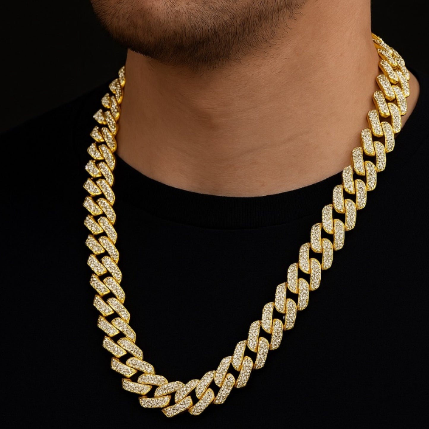 24” 15mm Gold Cuban Link Chain Necklace with Clear CZ – Iced Out Stainless Steel