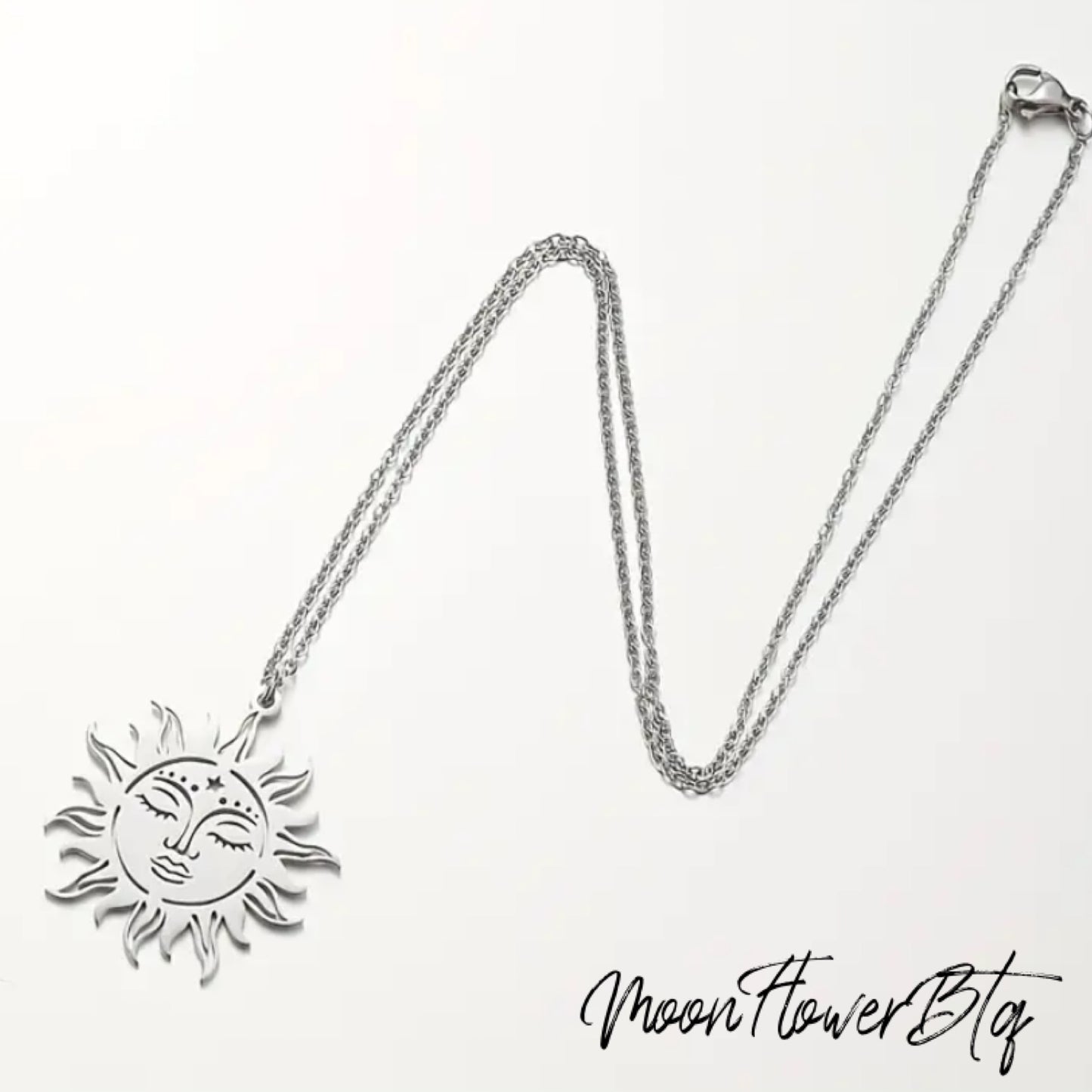 Silver Boho Sun Face Pendant Necklace