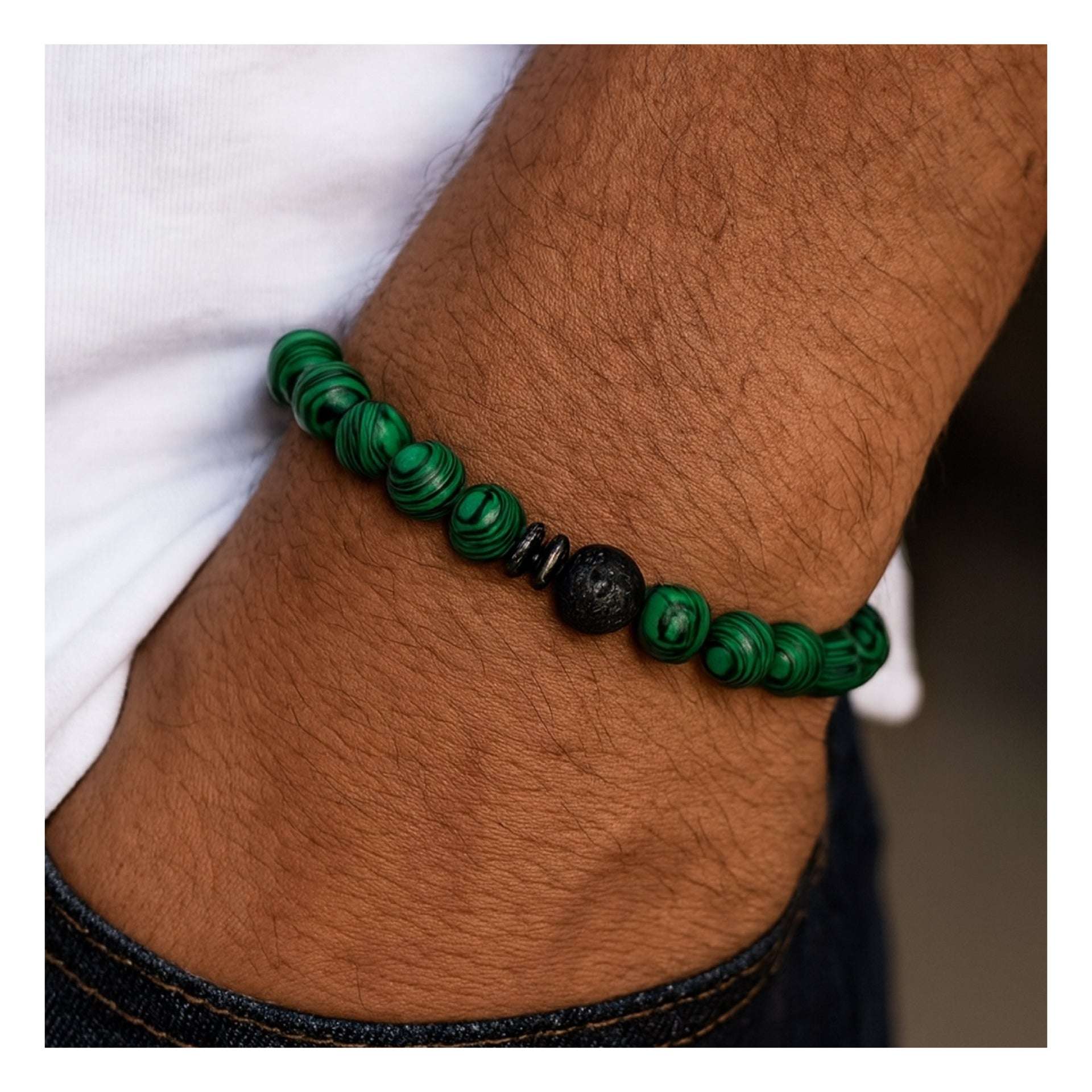 Matte Black Lava Rock & Green Malachite Bead Bracelet – Stretch Elastic Design