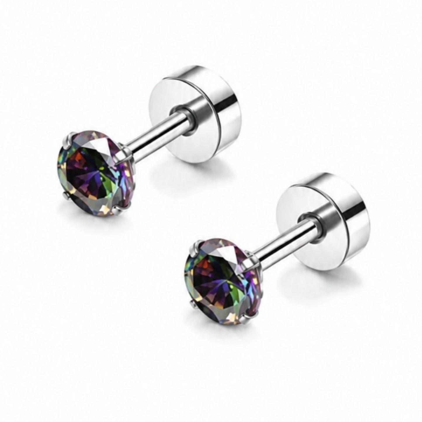 Rainbow CZ Flat Back Stud Earrings