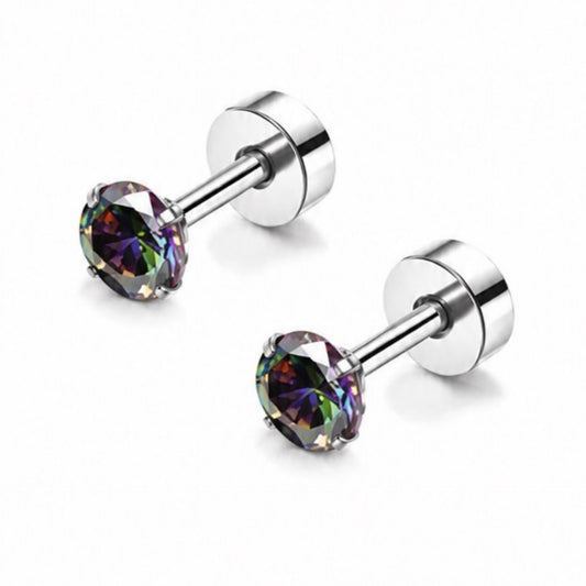 Rainbow CZ Flat Back Stud Earrings