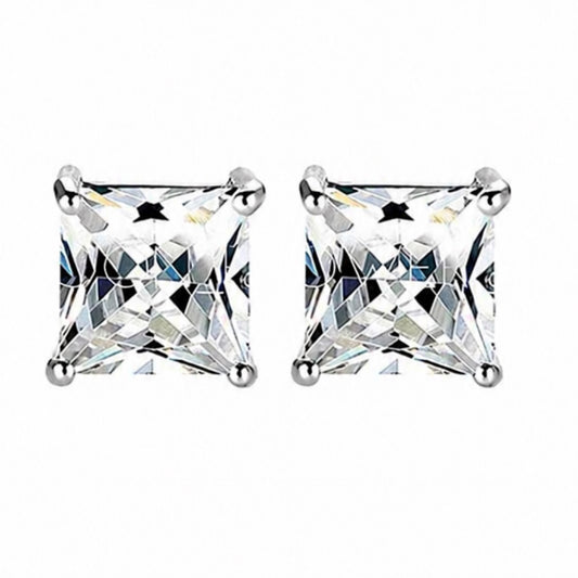 White Gold Plated Princess Cut CZ Stud Earrings