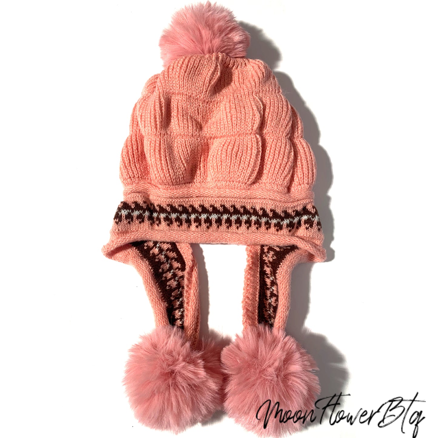 Pink Winter Knit Pom Pom Beanie Hat