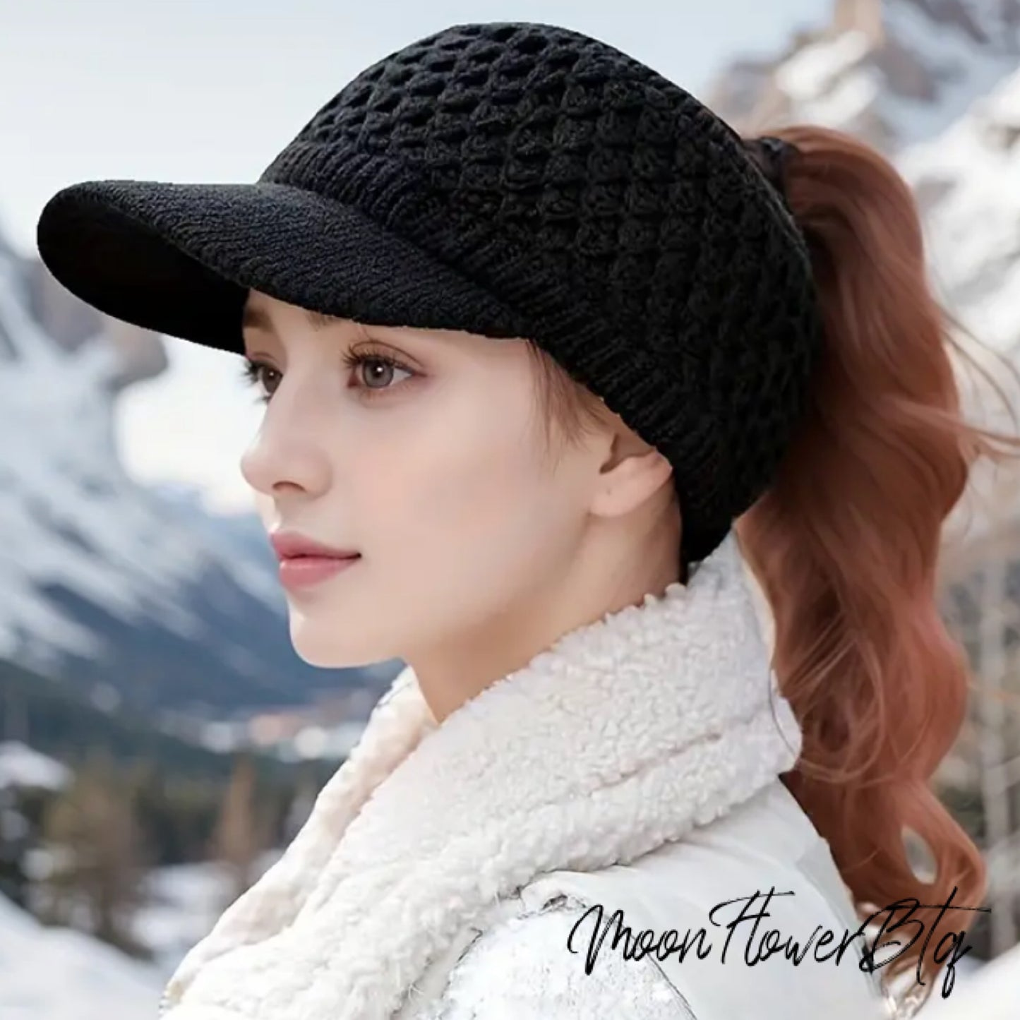 Black Stretchy Knit Ponytail Hat