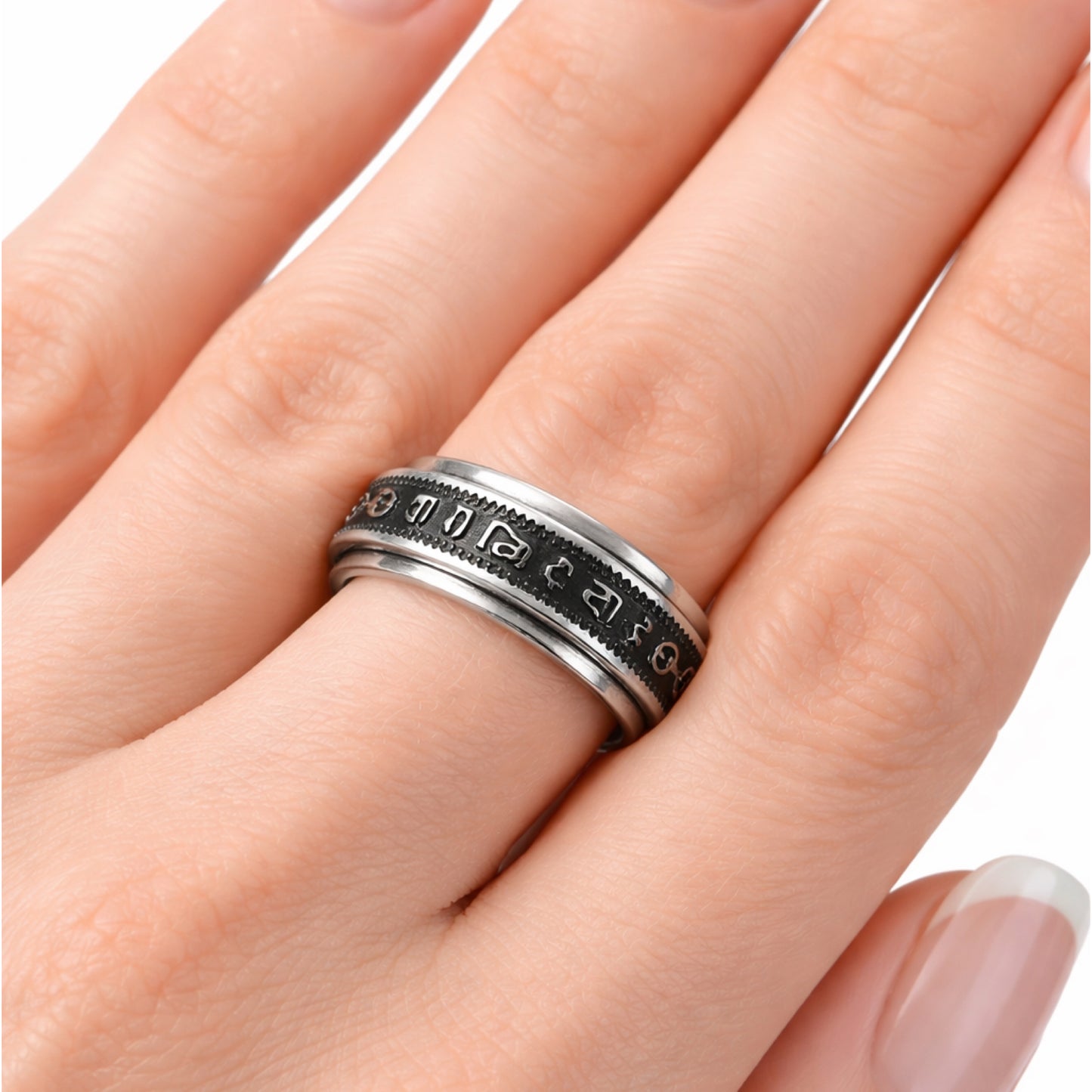 Stainless Steel Symbol Script Spinner Ring