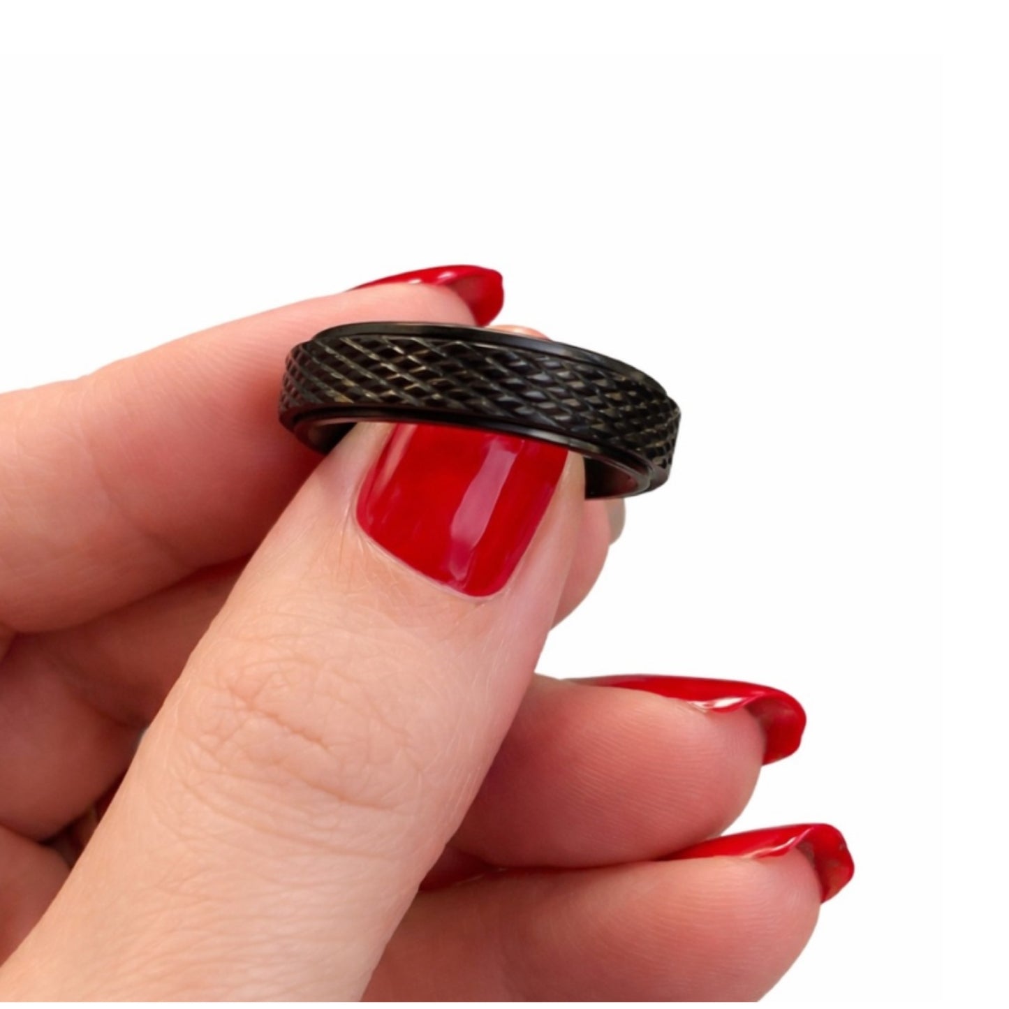 Black Stainless Steel Fidget Spinner Ring – Textured Anxiety Band
