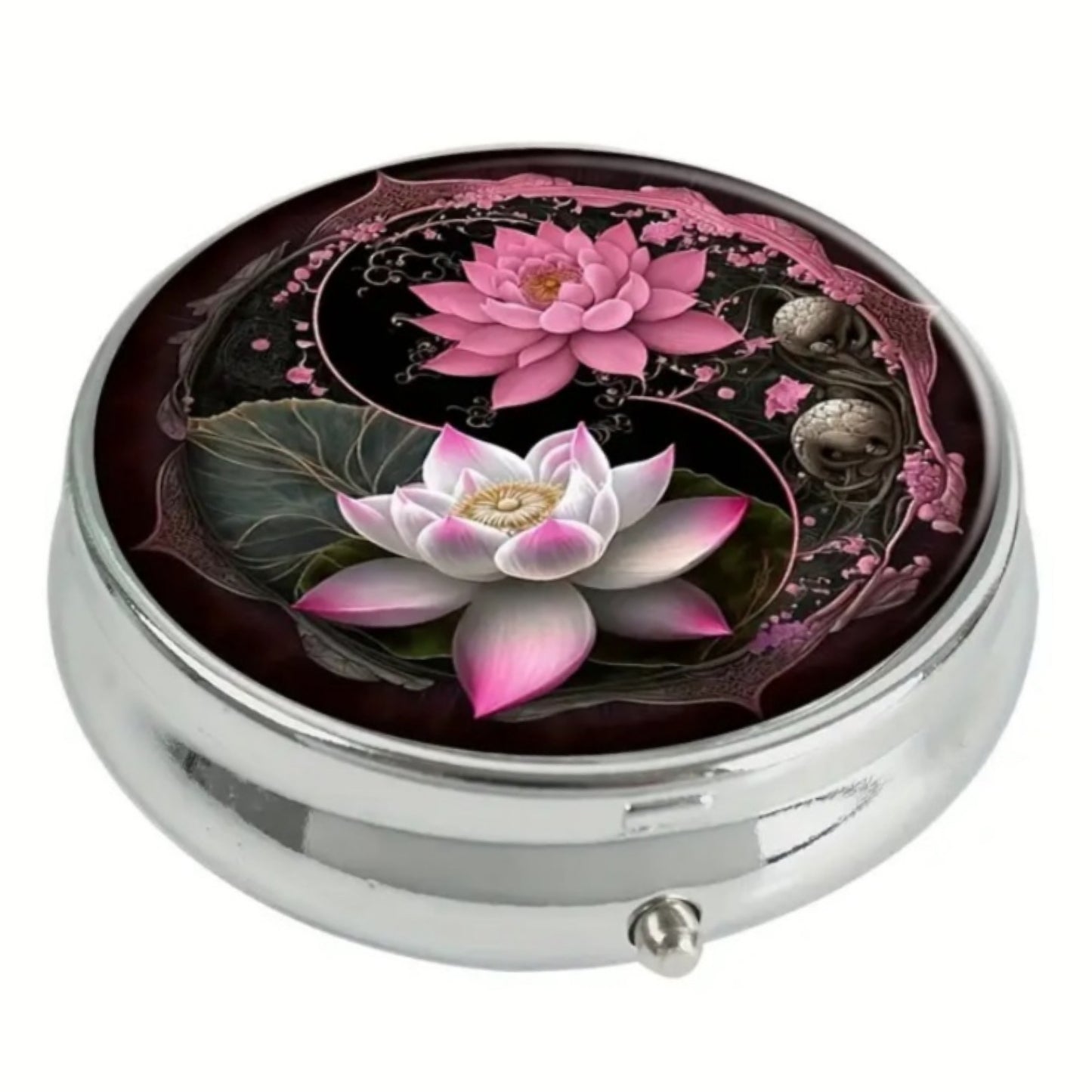 Pink Lotus Yin Yang Round Pill Box – 3 Compartment Silver Metal Case