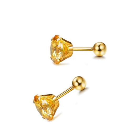 5mm Yellow Cubic Zirconia Gold Barbell Earrings – 18k GP with Ball Ends